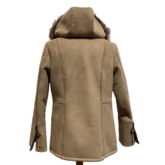 Tower by London Fog Hooded Coat Faux Suede with Faux Fur Shearling Lining Tan - Picture 4 of 11